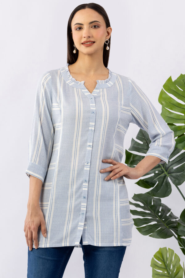 blue tunic women striped cotton dobby mandarin neck 3/4 sleeves regular fit