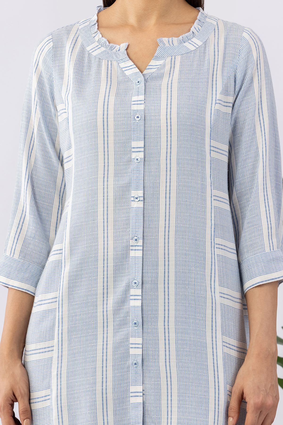 blue tunic women striped cotton dobby mandarin neck 3/4 sleeves regular fit