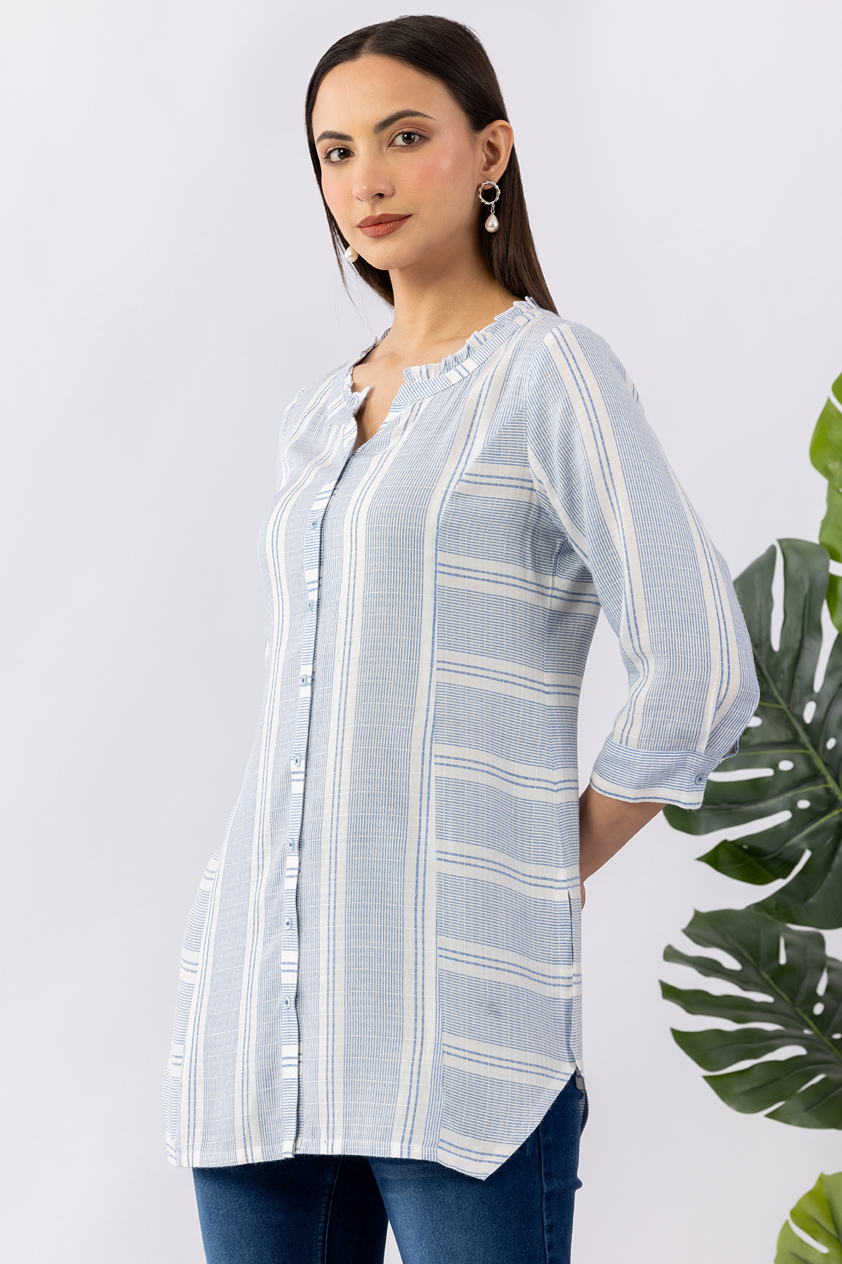 blue tunic women striped cotton dobby mandarin neck 3/4 sleeves regular fit
