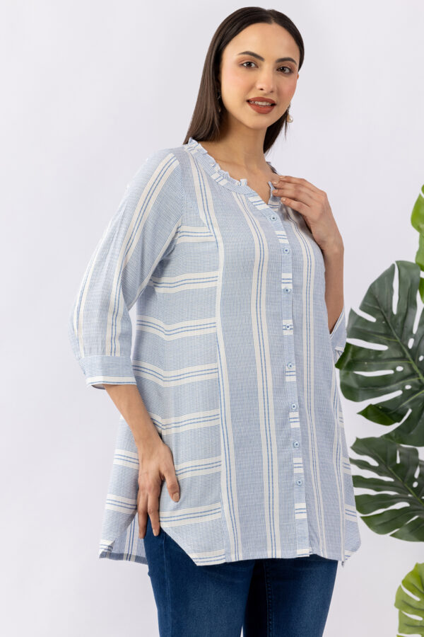 blue tunic women striped cotton dobby mandarin neck 3/4 sleeves regular fit
