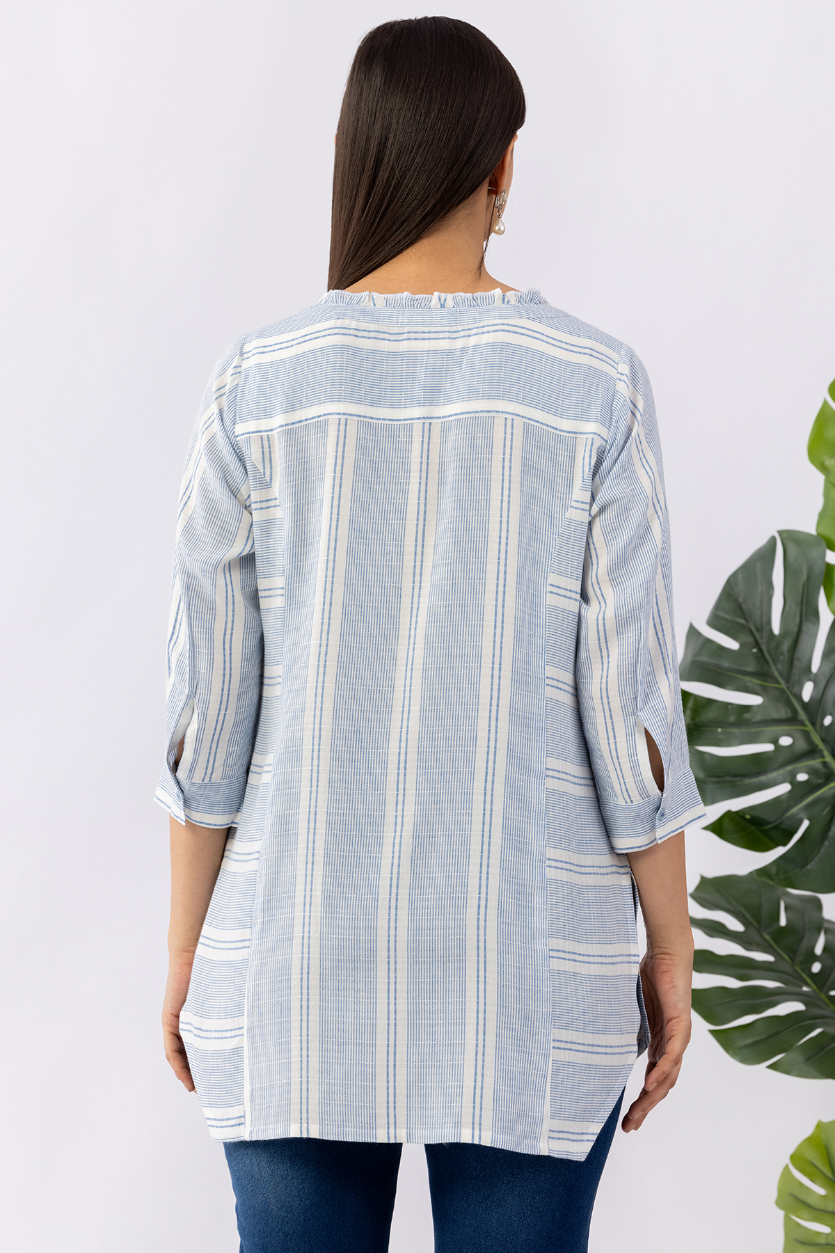 blue tunic women striped cotton dobby mandarin neck 3/4 sleeves regular fit