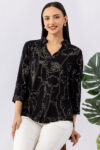 ladies printed shirt black viscose collared 3/4 sleeves regular fit