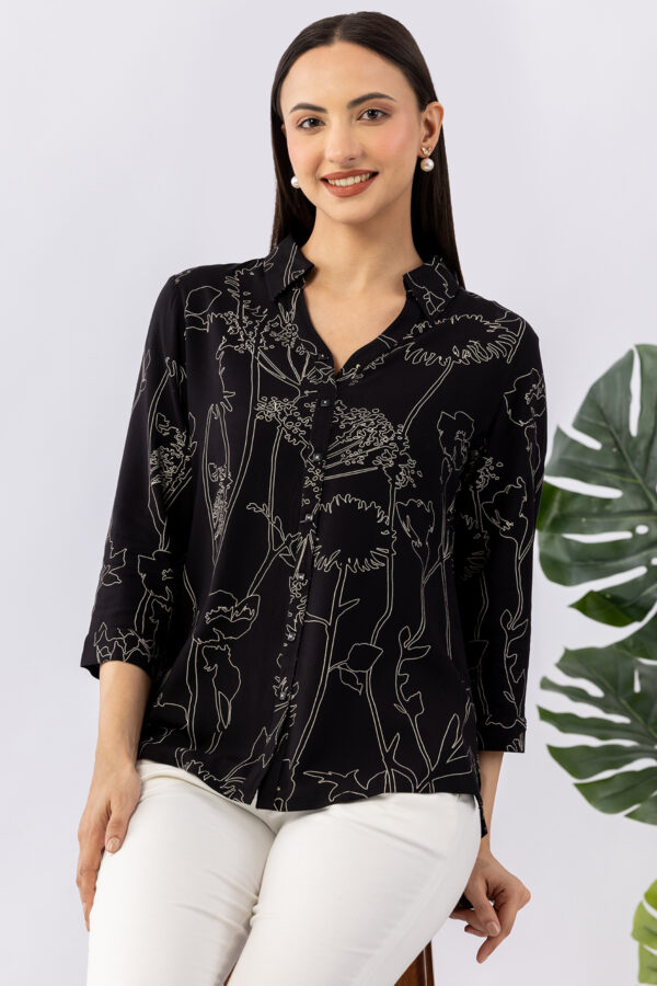 ladies printed shirt black viscose collared 3/4 sleeves regular fit