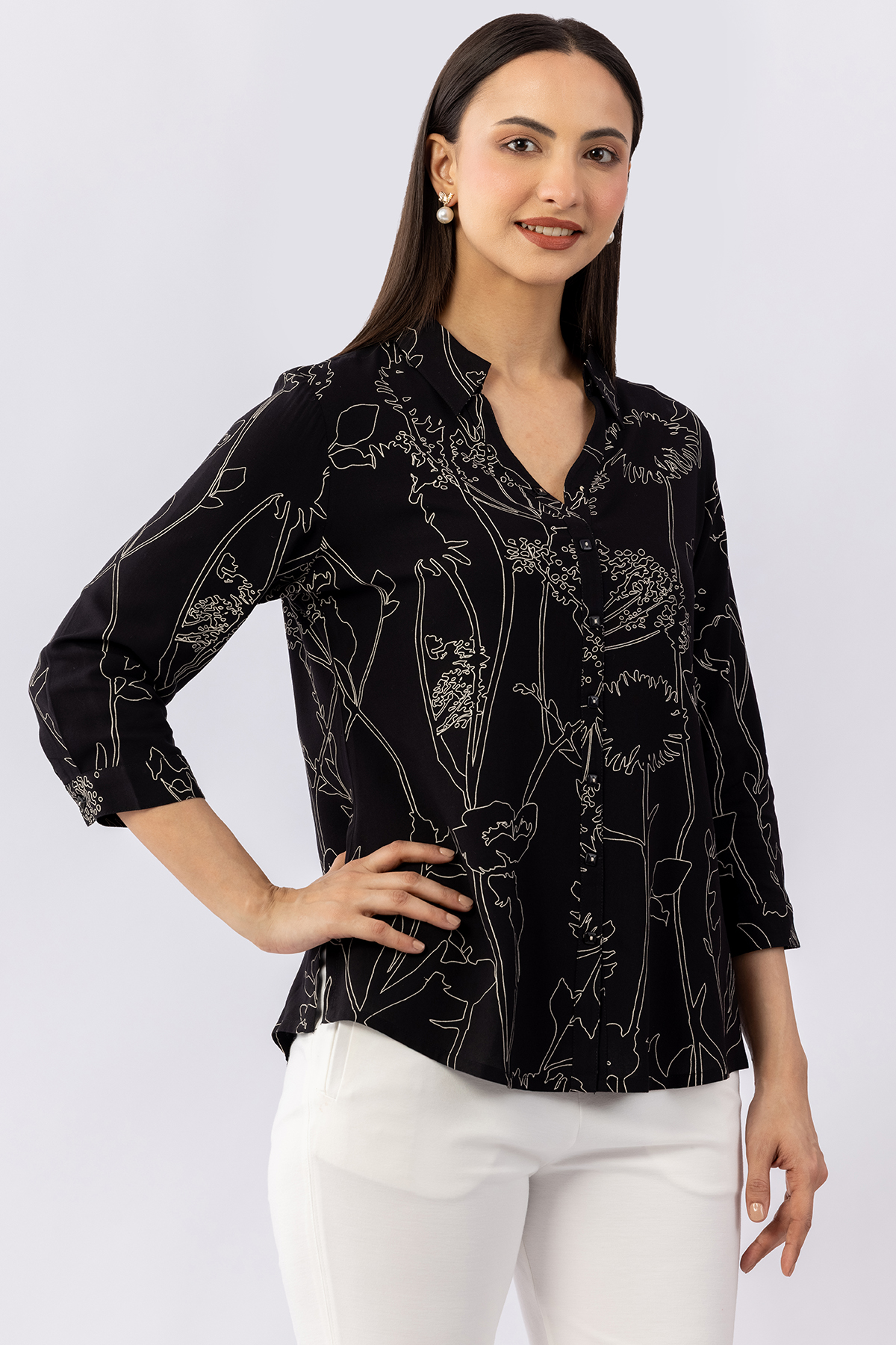 ladies printed shirt black viscose collared 3/4 sleeves regular fit