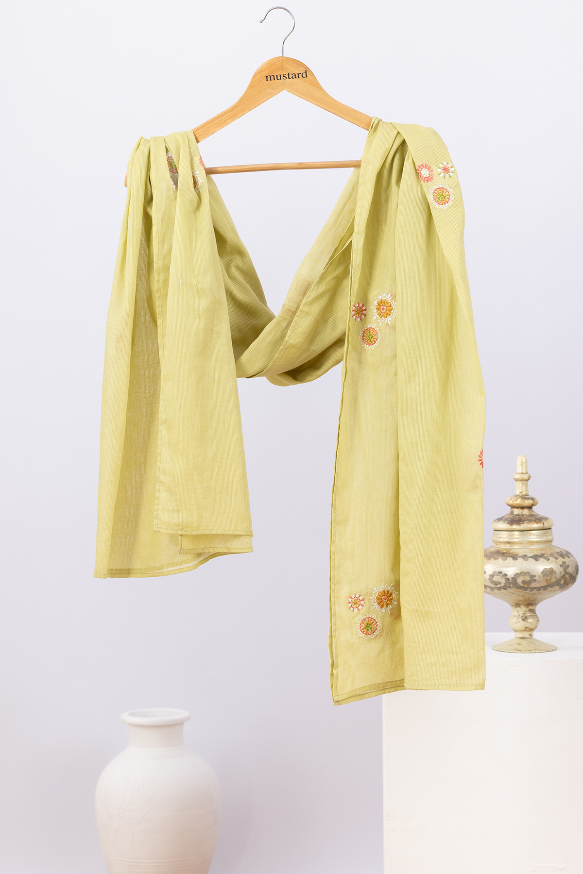 Stylish green cotton dupatta for women with embroidered design