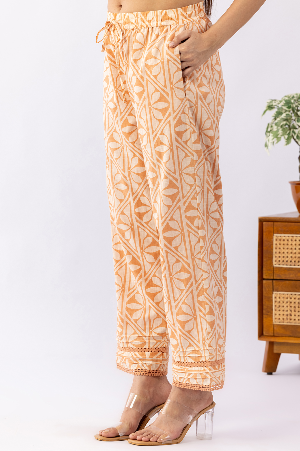 cotton palazzo for women off white printed regular fit