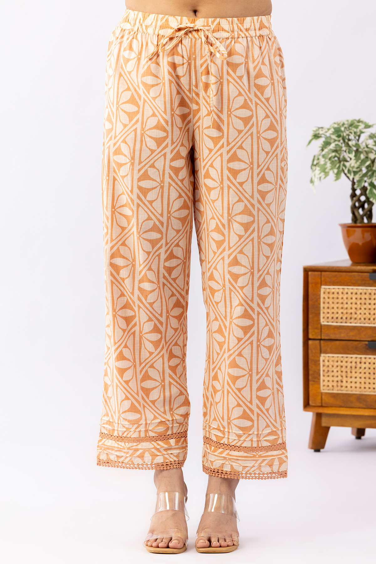 cotton palazzo for women off white printed regular fit