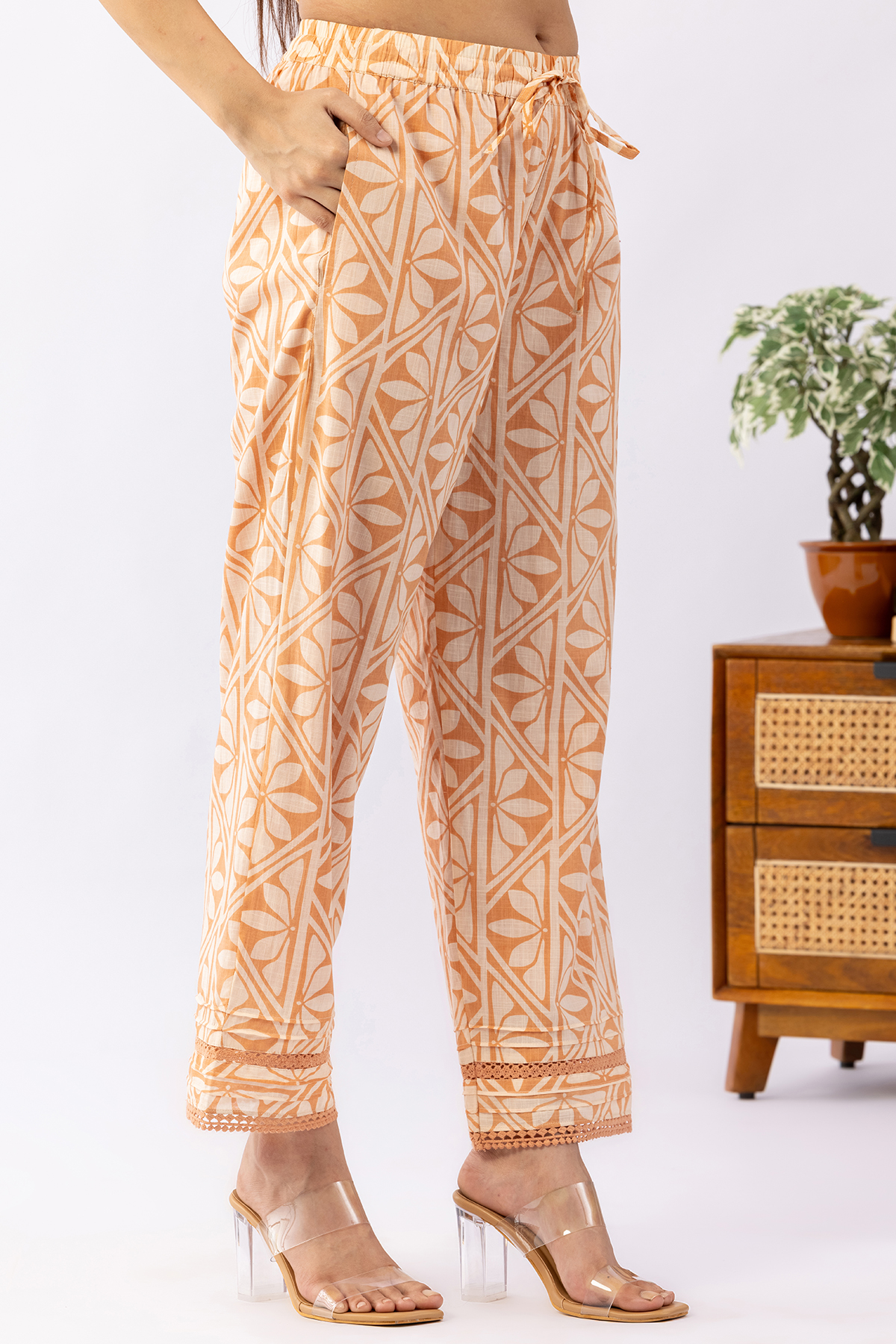 cotton palazzo for women off white printed regular fit