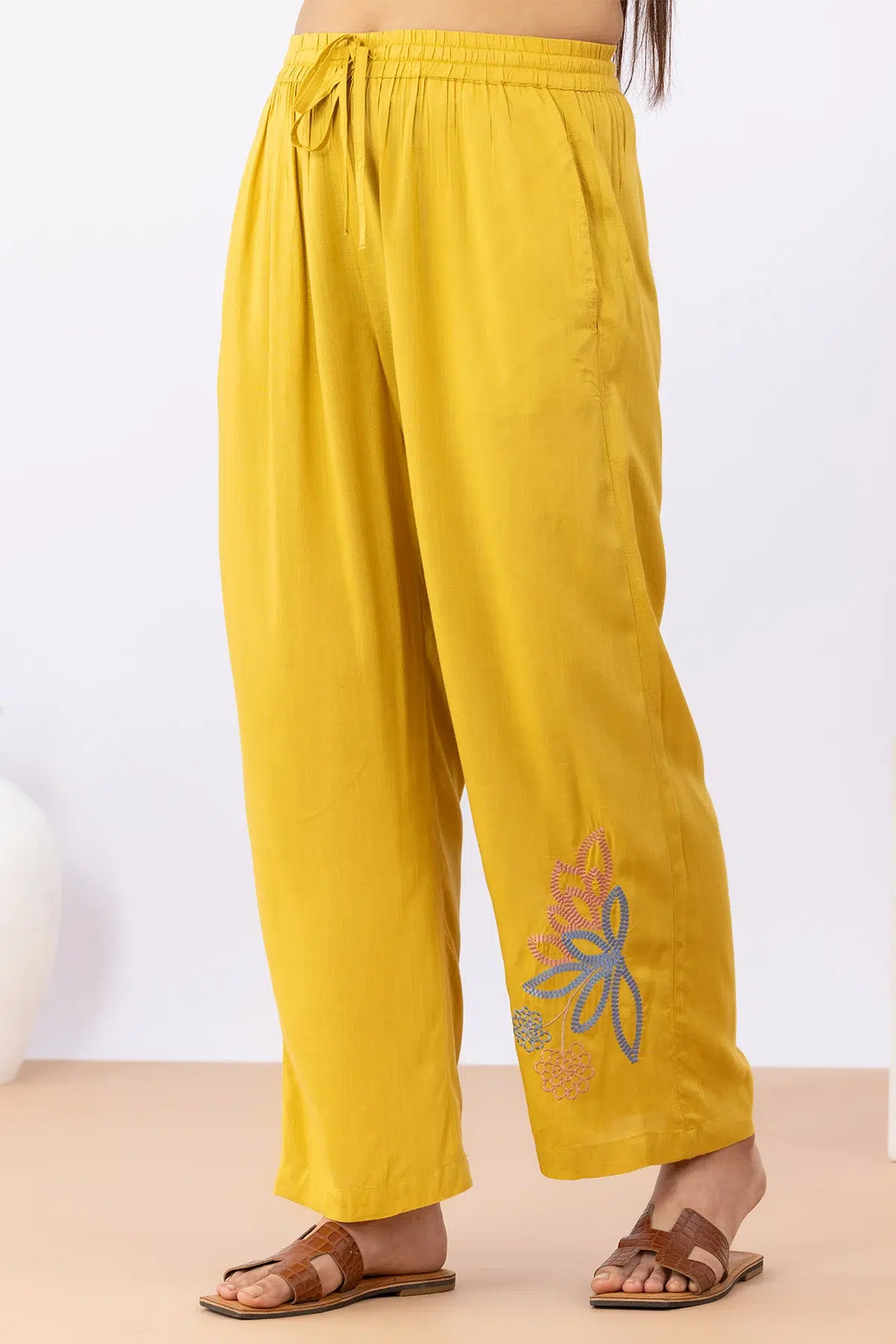 cotton co ord set for women mustard embroidered