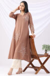 brown kurti for women embroidered rayon slub round neck 3/4 sleeves