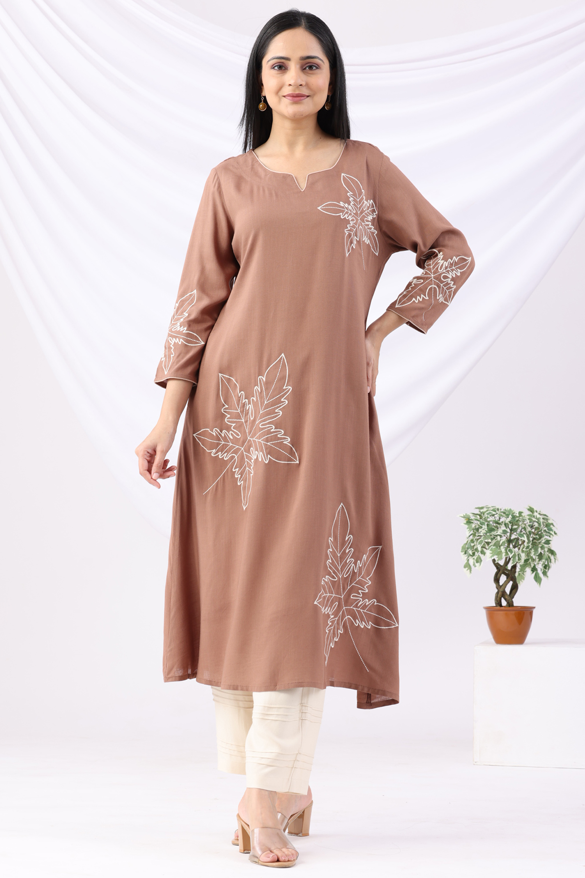 brown kurti for women embroidered rayon slub round neck 3/4 sleeves