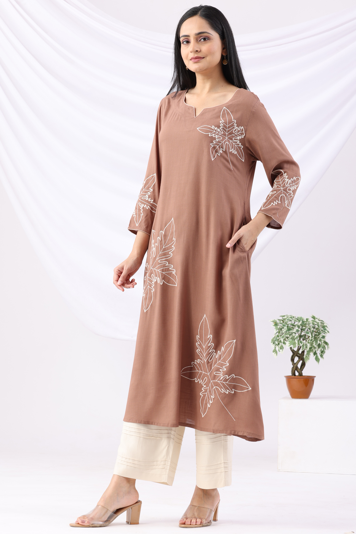 brown kurti for women embroidered rayon slub round neck 3/4 sleeves