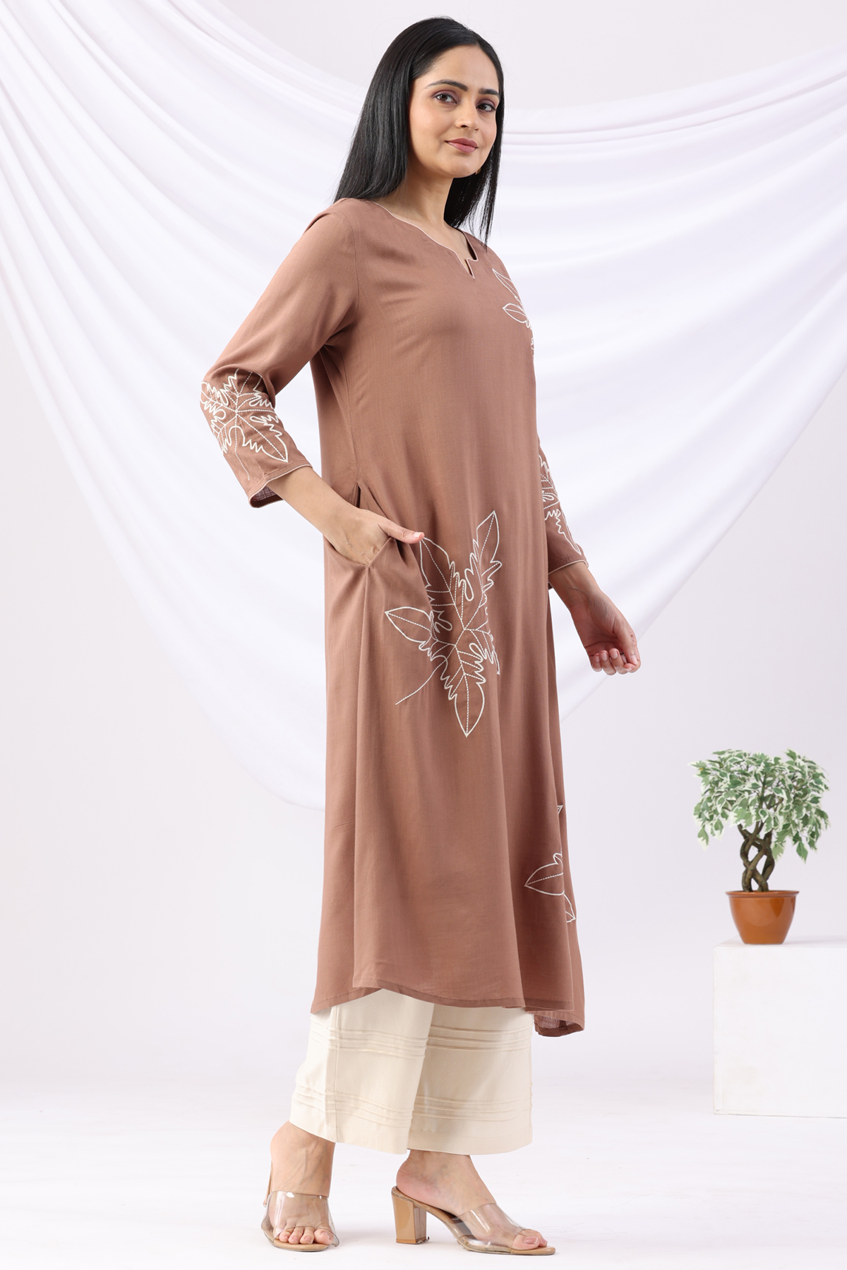 brown kurti for women embroidered rayon slub round neck 3/4 sleeves