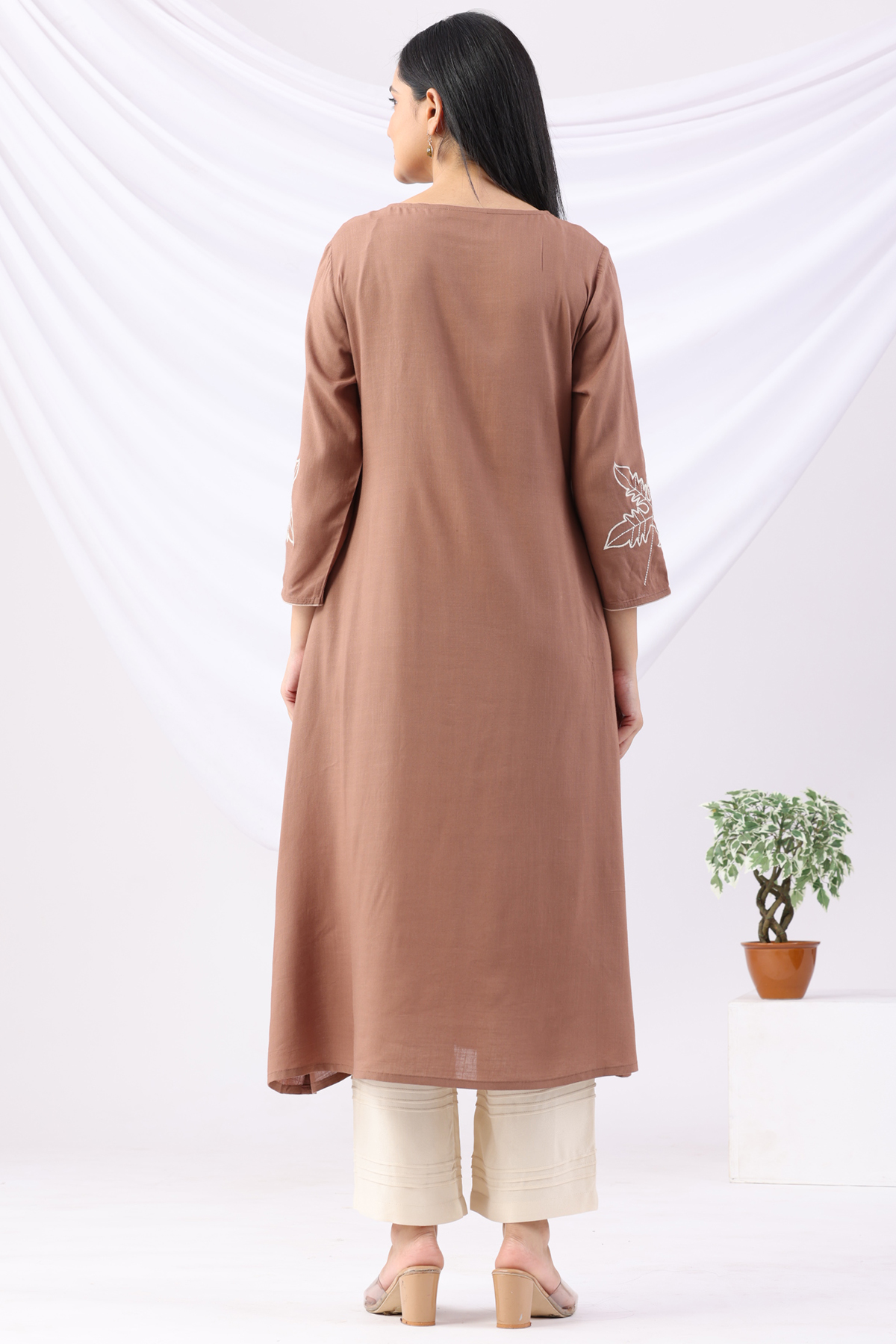brown kurti for women embroidered rayon slub round neck 3/4 sleeves