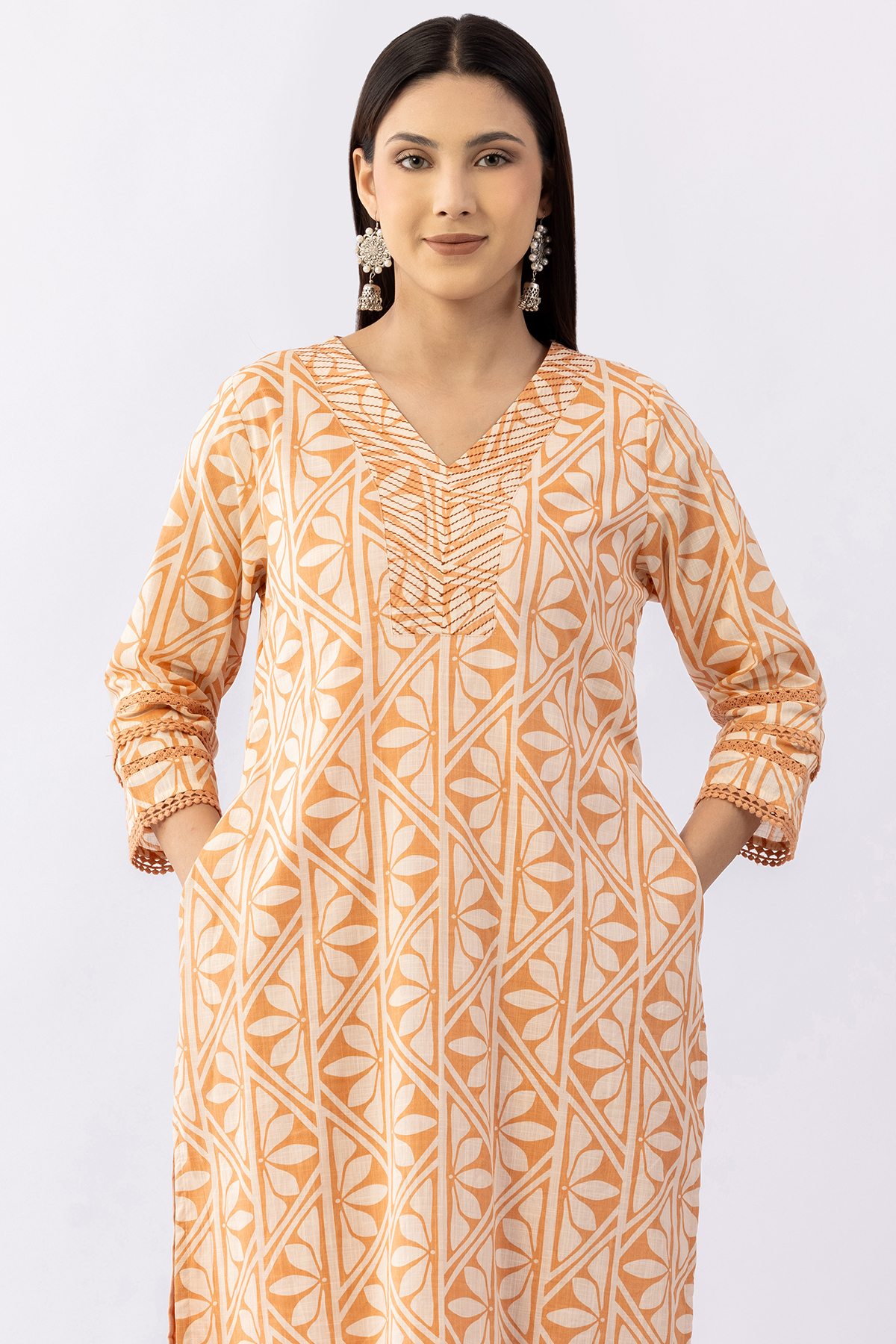long cotton kurti for women off white printed v neck with 3/4 sleeves