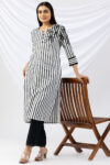 stripes kurti for women black white viscose round neck 3/4 sleeves