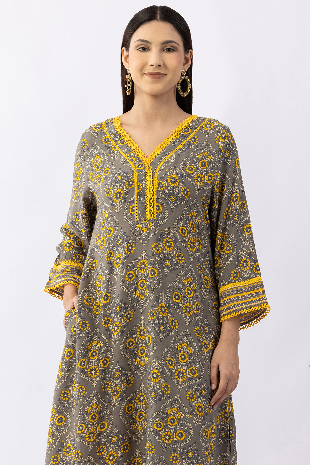 v neck kurti grey printed viscose straight cut with 3/4 sleeves