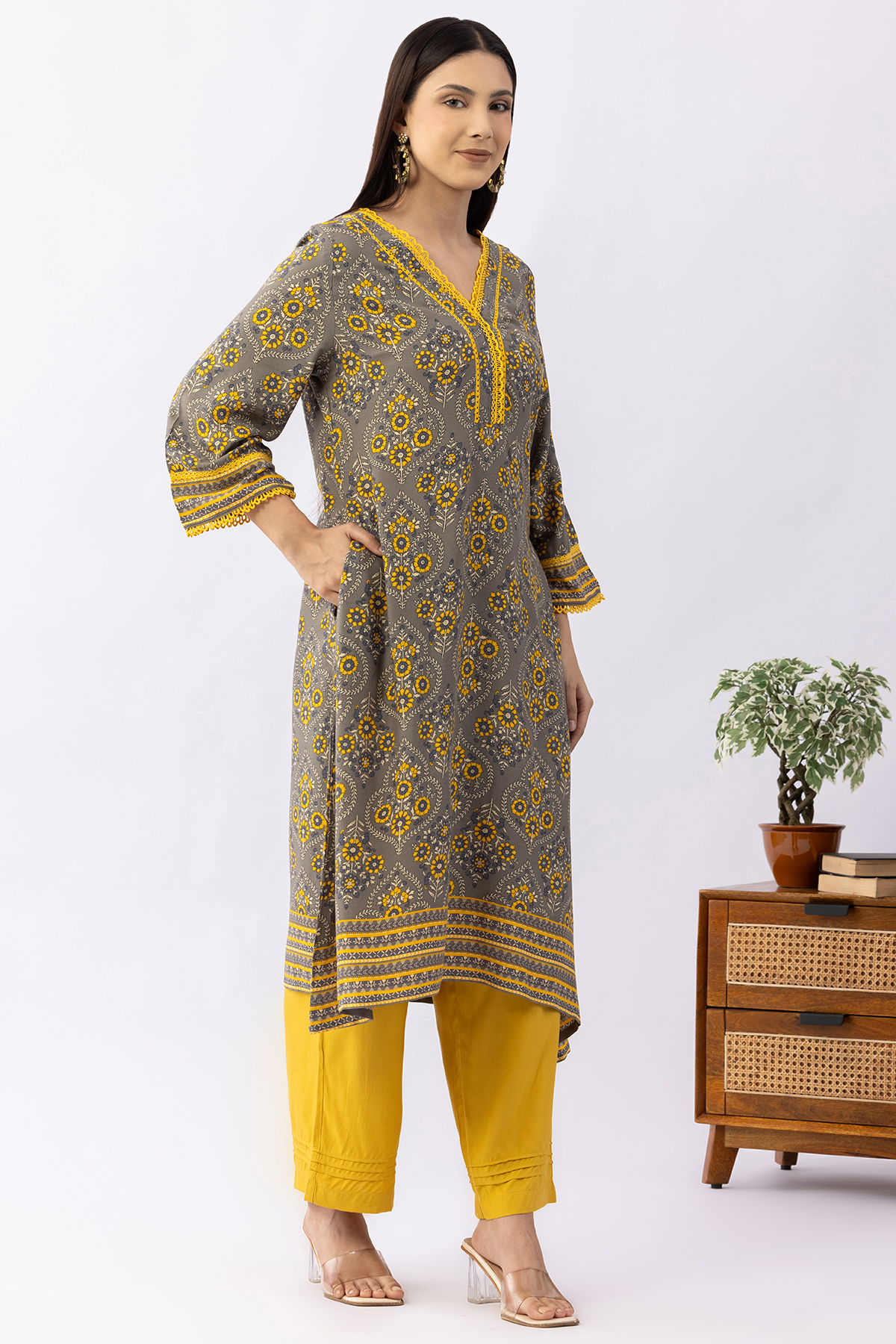 v neck kurti grey printed viscose straight cut with 3/4 sleeves