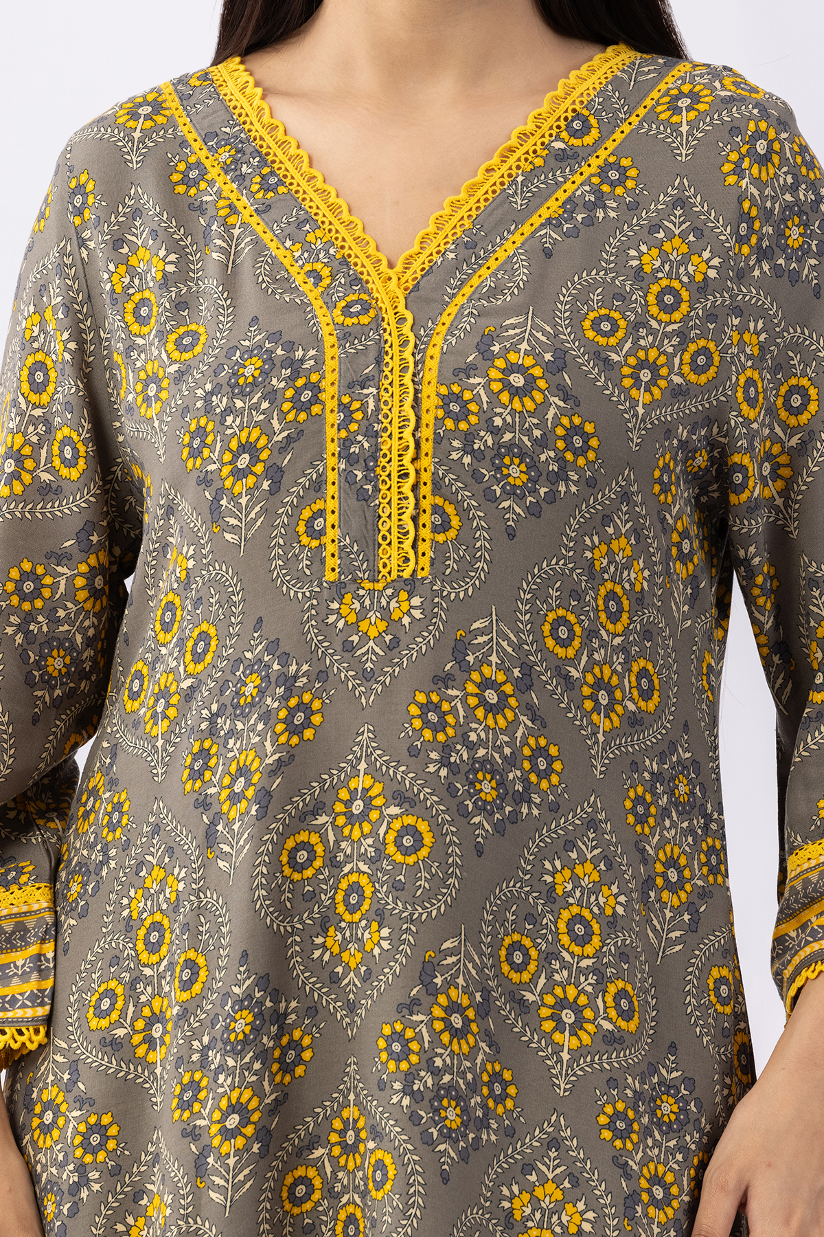 v neck kurti grey printed viscose straight cut with 3/4 sleeves