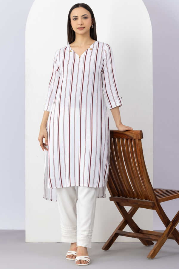 white kurti for women striped viscose v neck 3/4 sleeves elegant wear