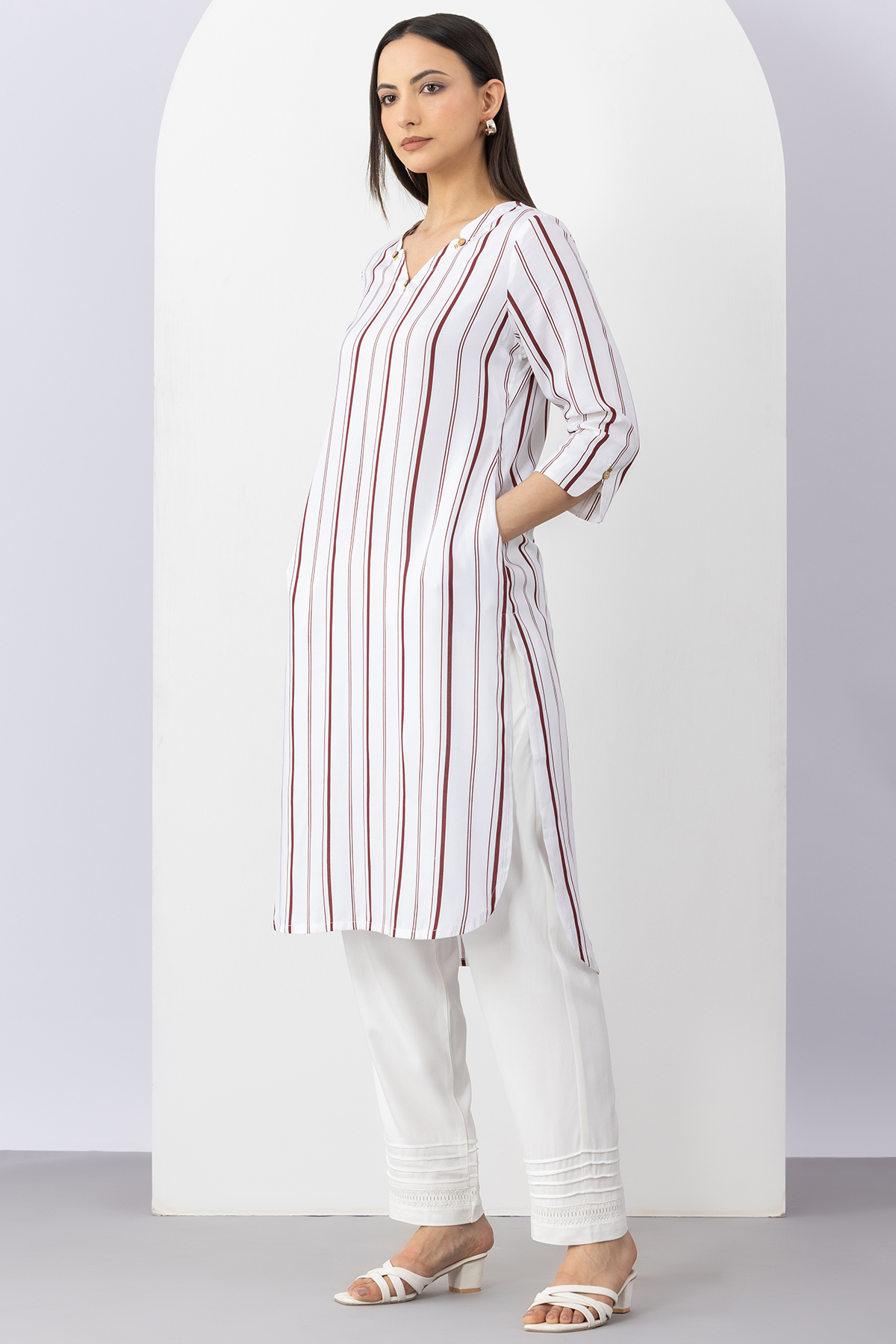 white kurti for women striped viscose v neck 3/4 sleeves elegant wear