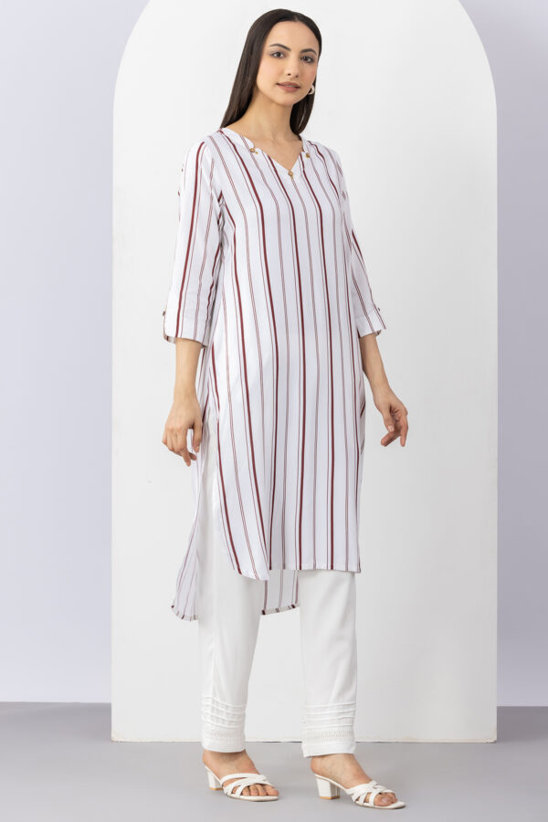 white kurti for women striped viscose v neck 3/4 sleeves elegant wear