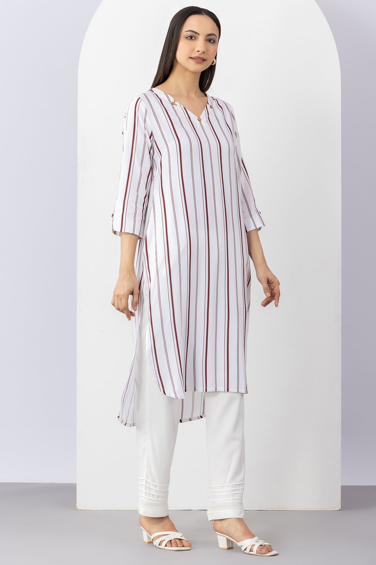 white kurti for women striped viscose v neck 3/4 sleeves elegant wear