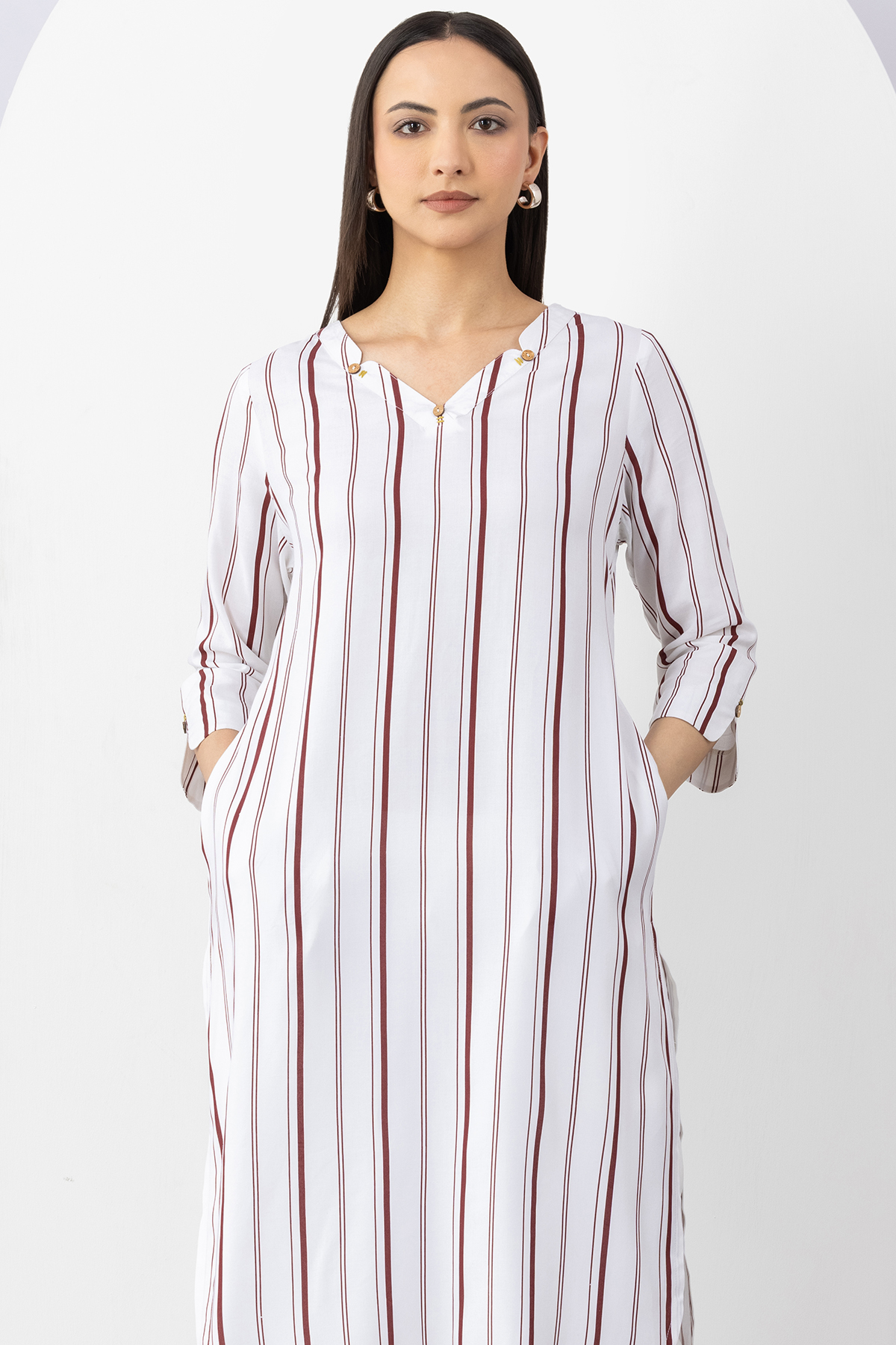 white kurti for women striped viscose v neck 3/4 sleeves elegant wear