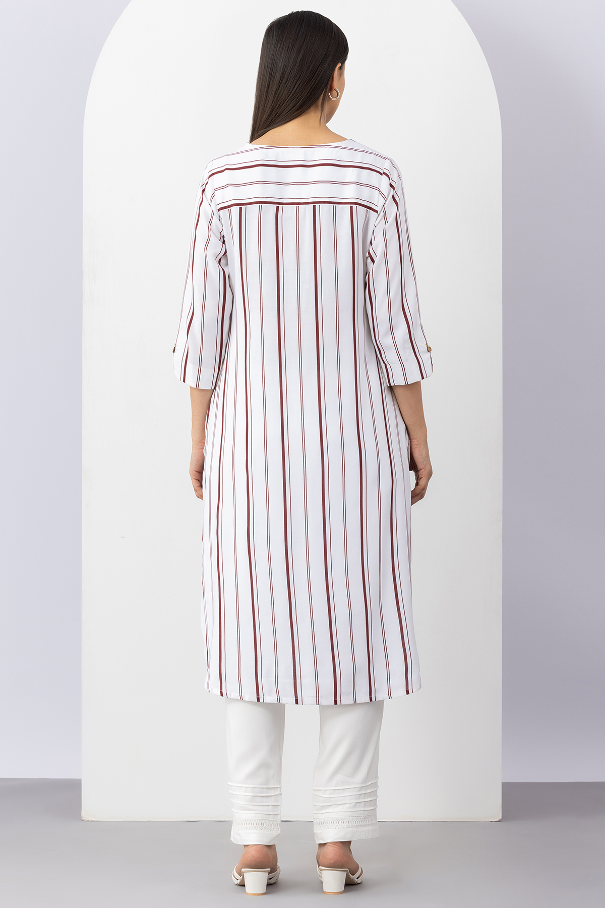 white kurti for women striped viscose v neck 3/4 sleeves elegant wear