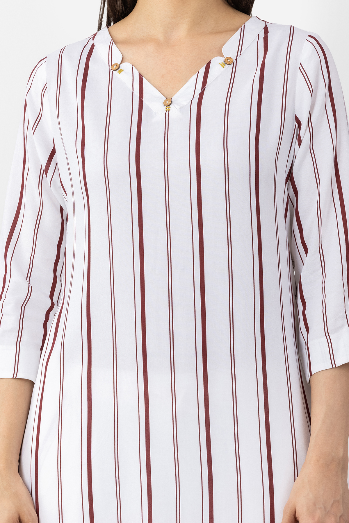 white kurti for women striped viscose v neck 3/4 sleeves elegant wear