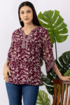 chiffon top for women wine embroidered round neck 3/4 sleeves regular fit