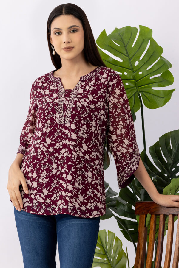 chiffon top for women wine embroidered round neck 3/4 sleeves regular fit