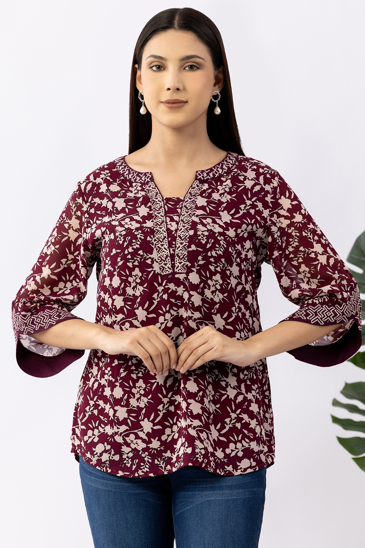 chiffon top for women wine embroidered round neck 3/4 sleeves regular fit