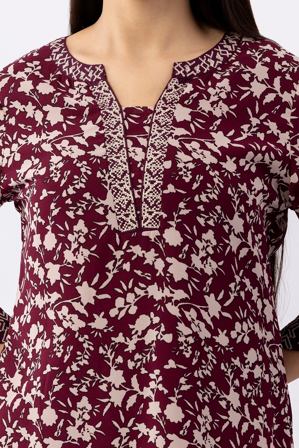 chiffon top for women wine embroidered round neck 3/4 sleeves regular fit