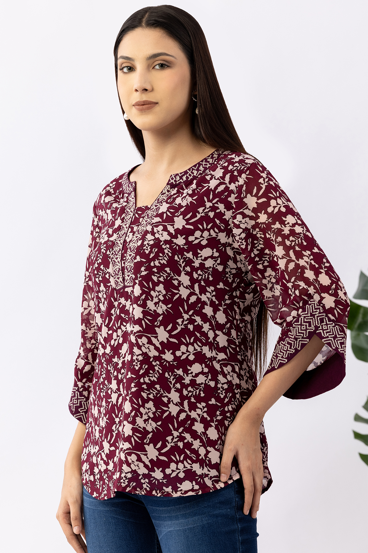 chiffon top for women wine embroidered round neck 3/4 sleeves regular fit
