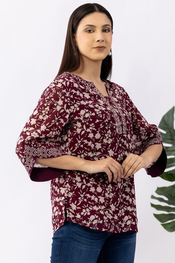 chiffon top for women wine embroidered round neck 3/4 sleeves regular fit