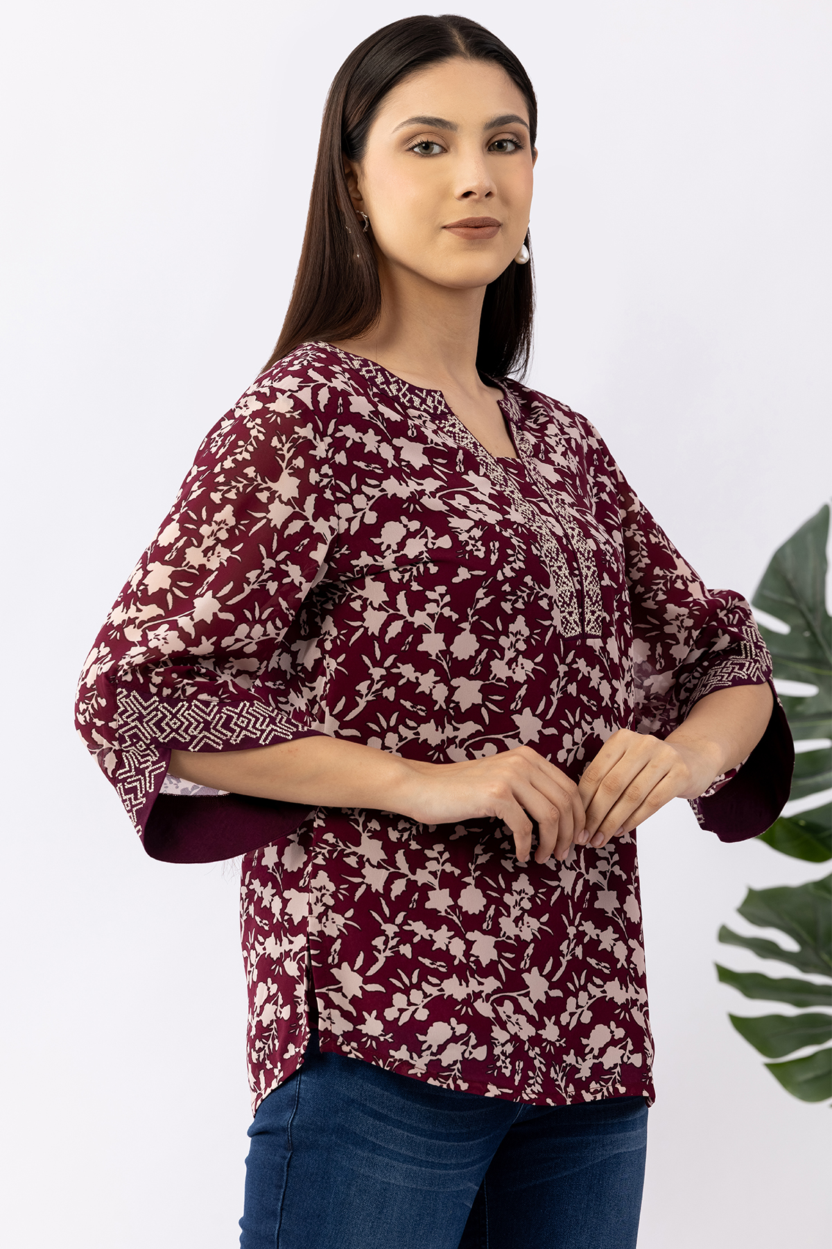 chiffon top for women wine embroidered round neck 3/4 sleeves regular fit