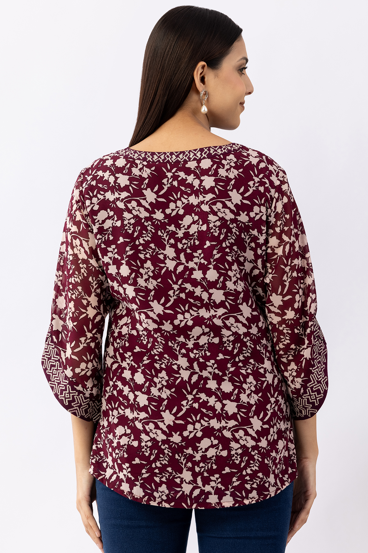 chiffon top for women wine embroidered round neck 3/4 sleeves regular fit
