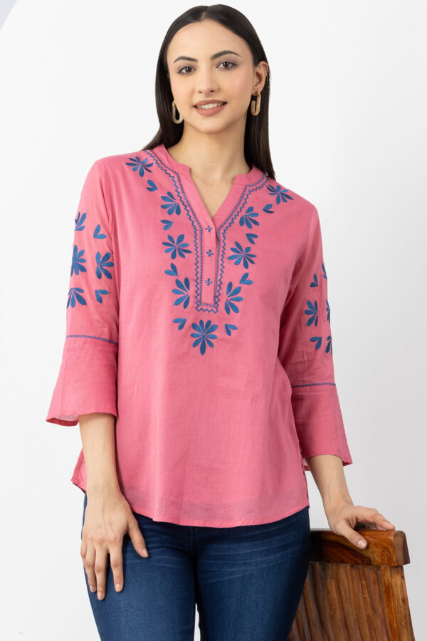 cotton top women pink embroidered mandarin neck 3/4 sleeves regular fit