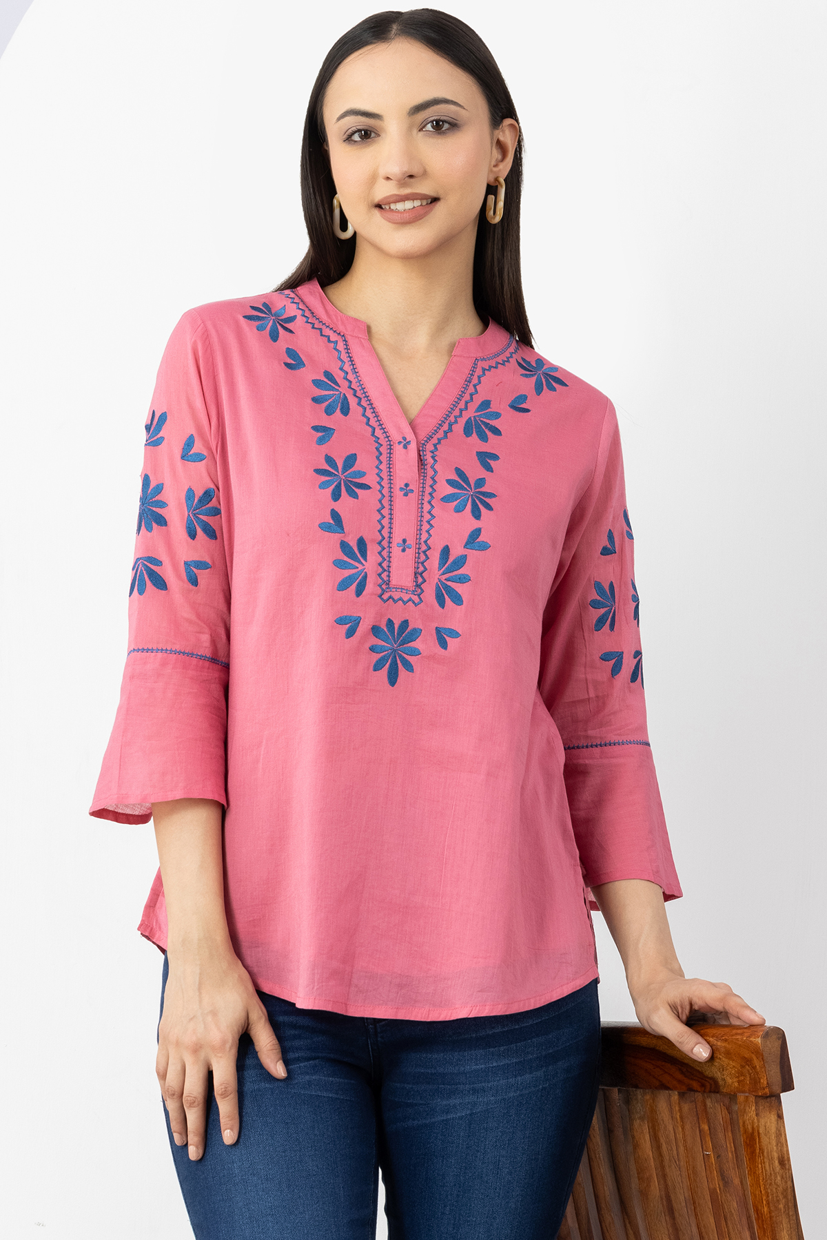cotton top women pink embroidered mandarin neck 3/4 sleeves regular fit