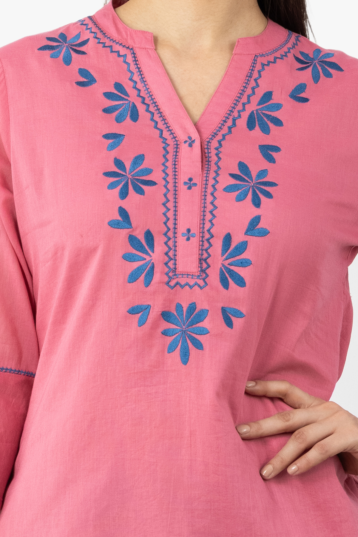cotton top women pink embroidered mandarin neck 3/4 sleeves regular fit