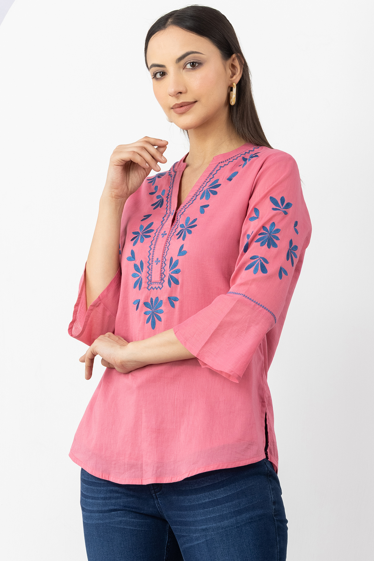cotton top women pink embroidered mandarin neck 3/4 sleeves regular fit