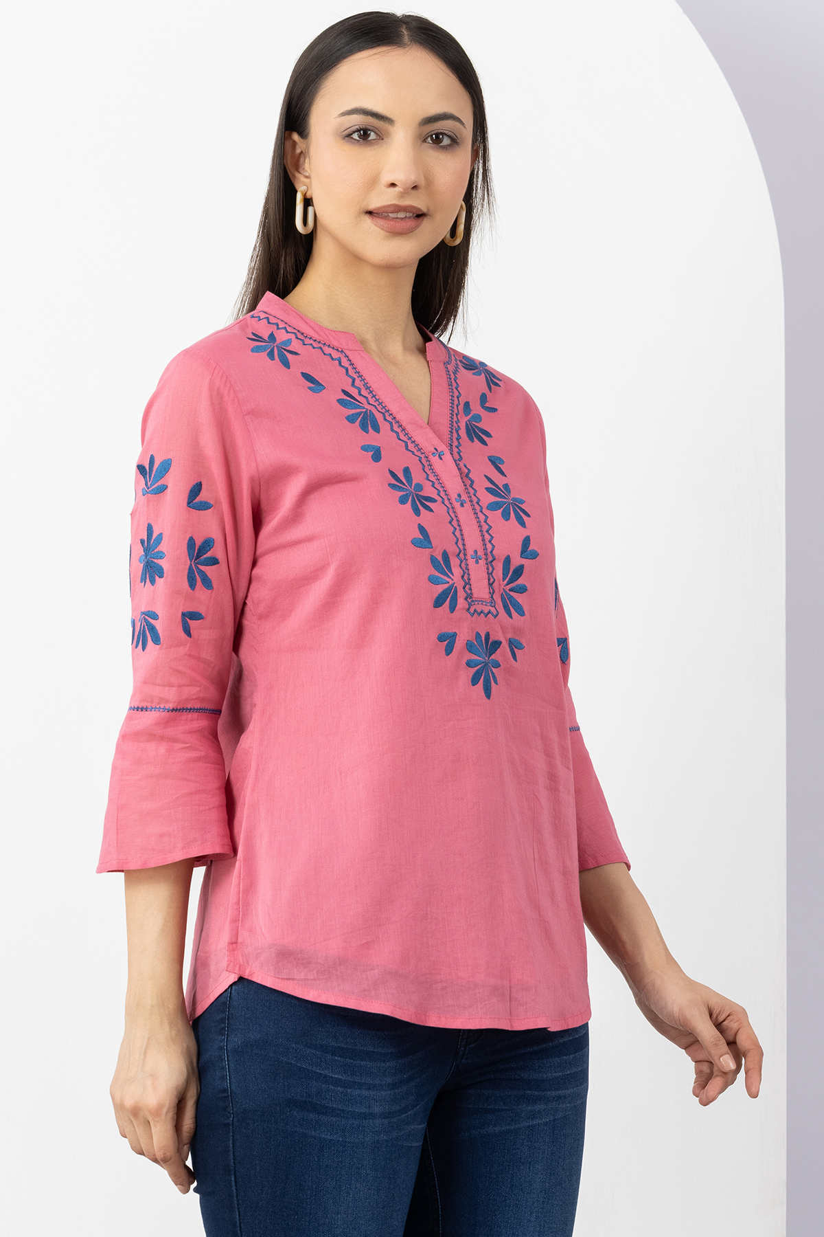 cotton top women pink embroidered mandarin neck 3/4 sleeves regular fit