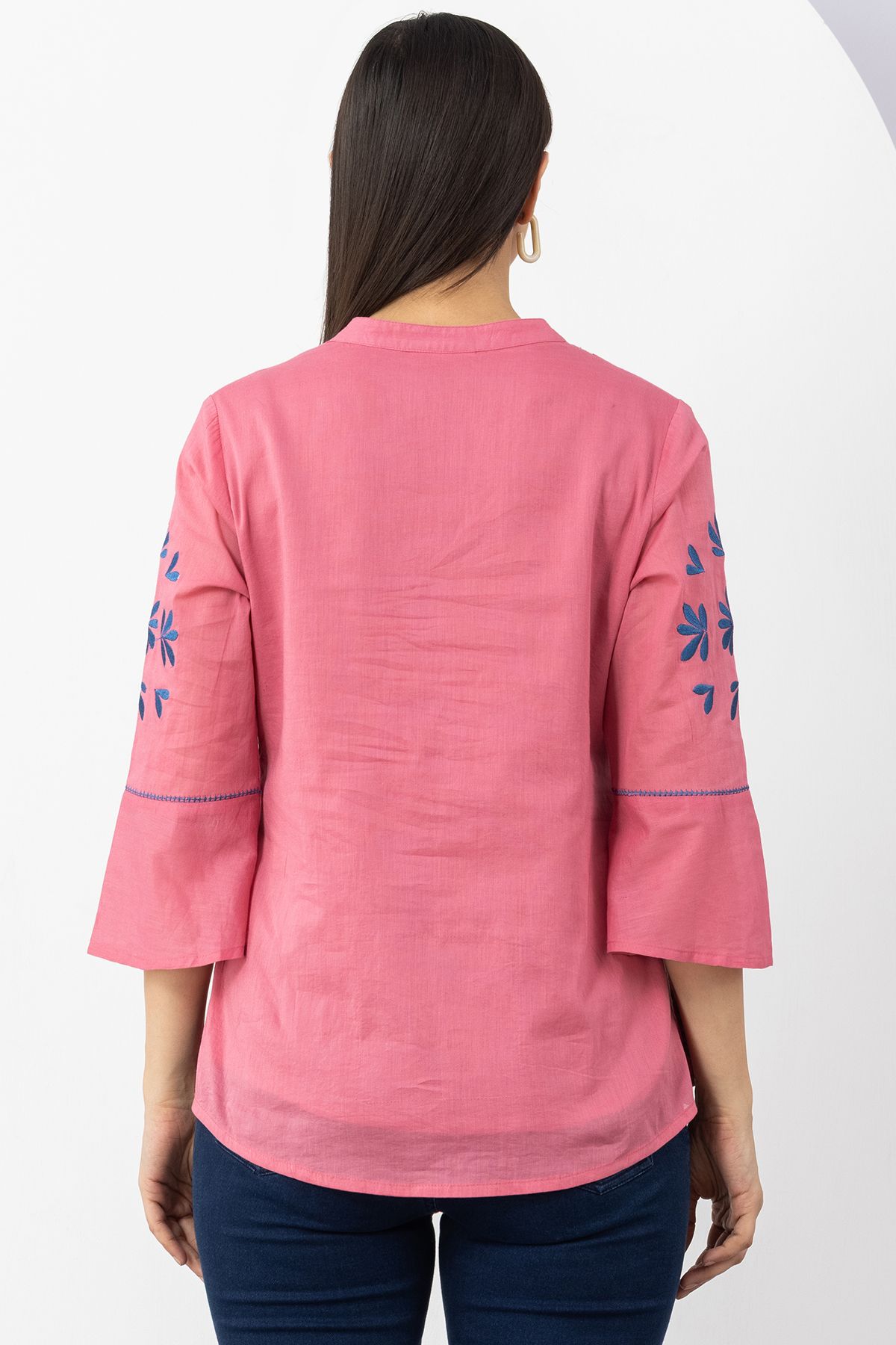 cotton top women pink embroidered mandarin neck 3/4 sleeves regular fit