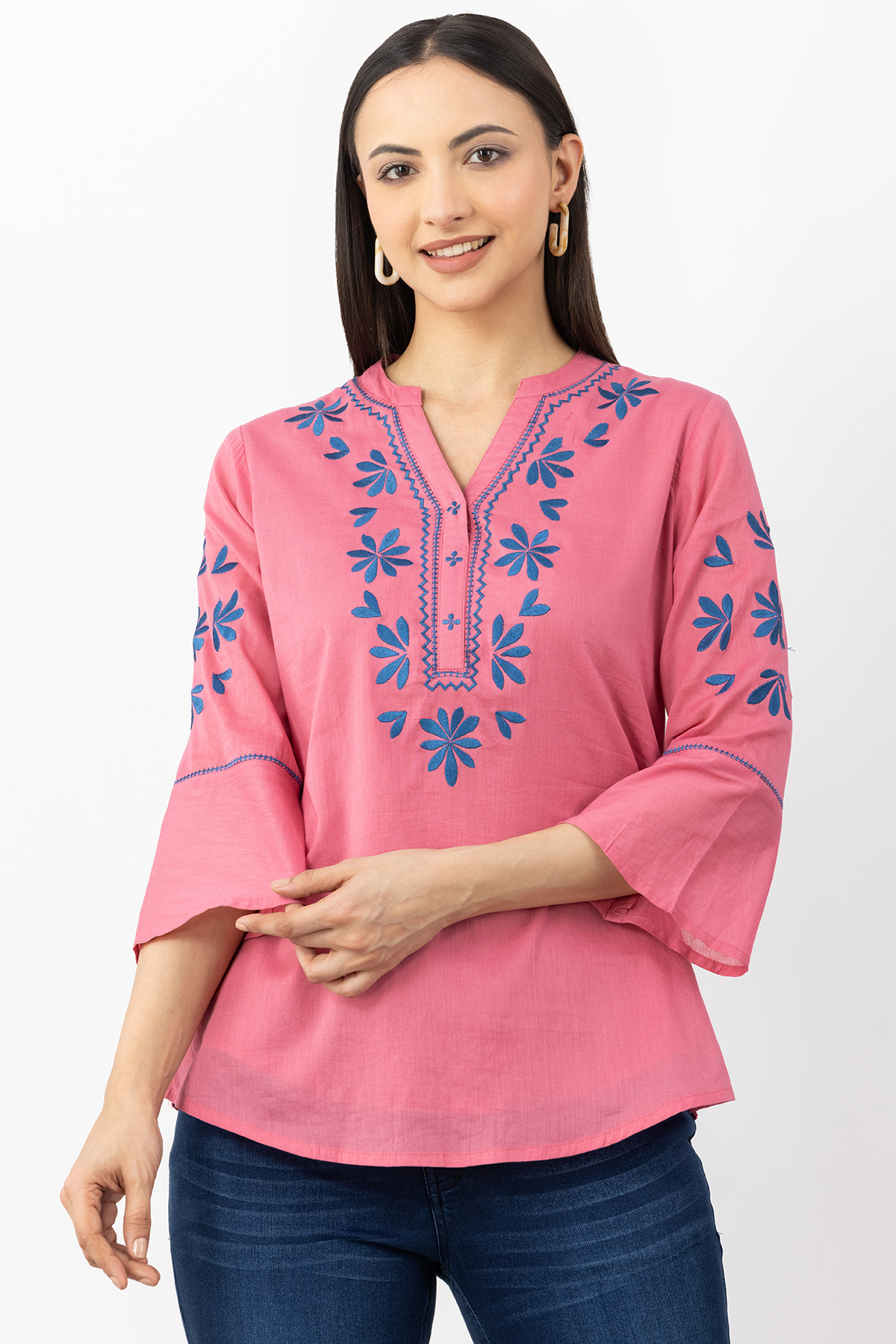 cotton top women pink embroidered mandarin neck 3/4 sleeves regular fit