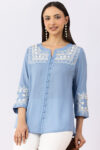 women embroidered shirt ice blue viscose modal round neck 3/4 sleeves regular fit