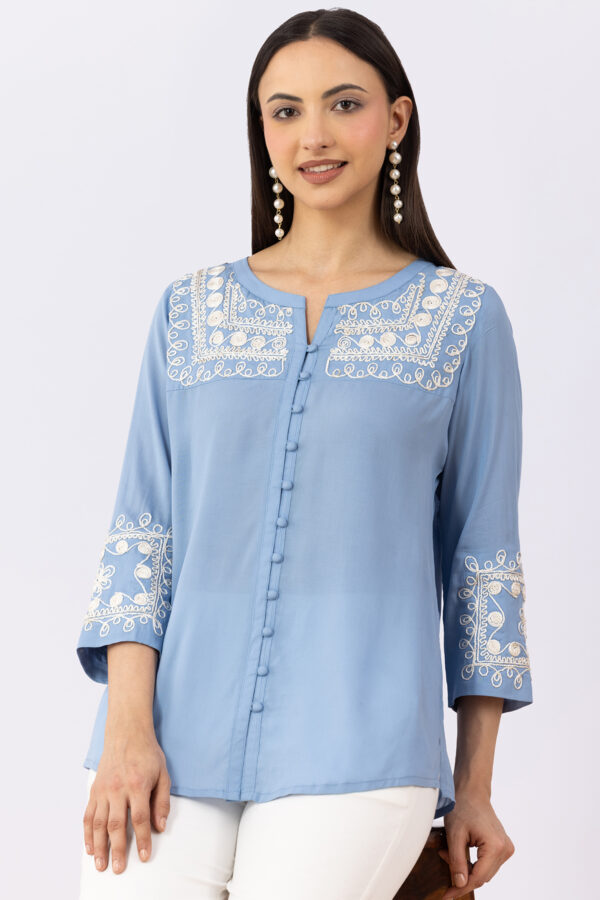 women embroidered shirt ice blue viscose modal round neck 3/4 sleeves regular fit