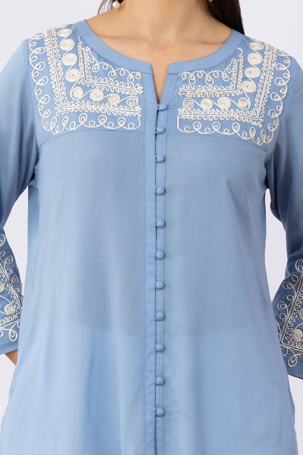 women embroidered shirt ice blue viscose modal round neck 3/4 sleeves regular fit