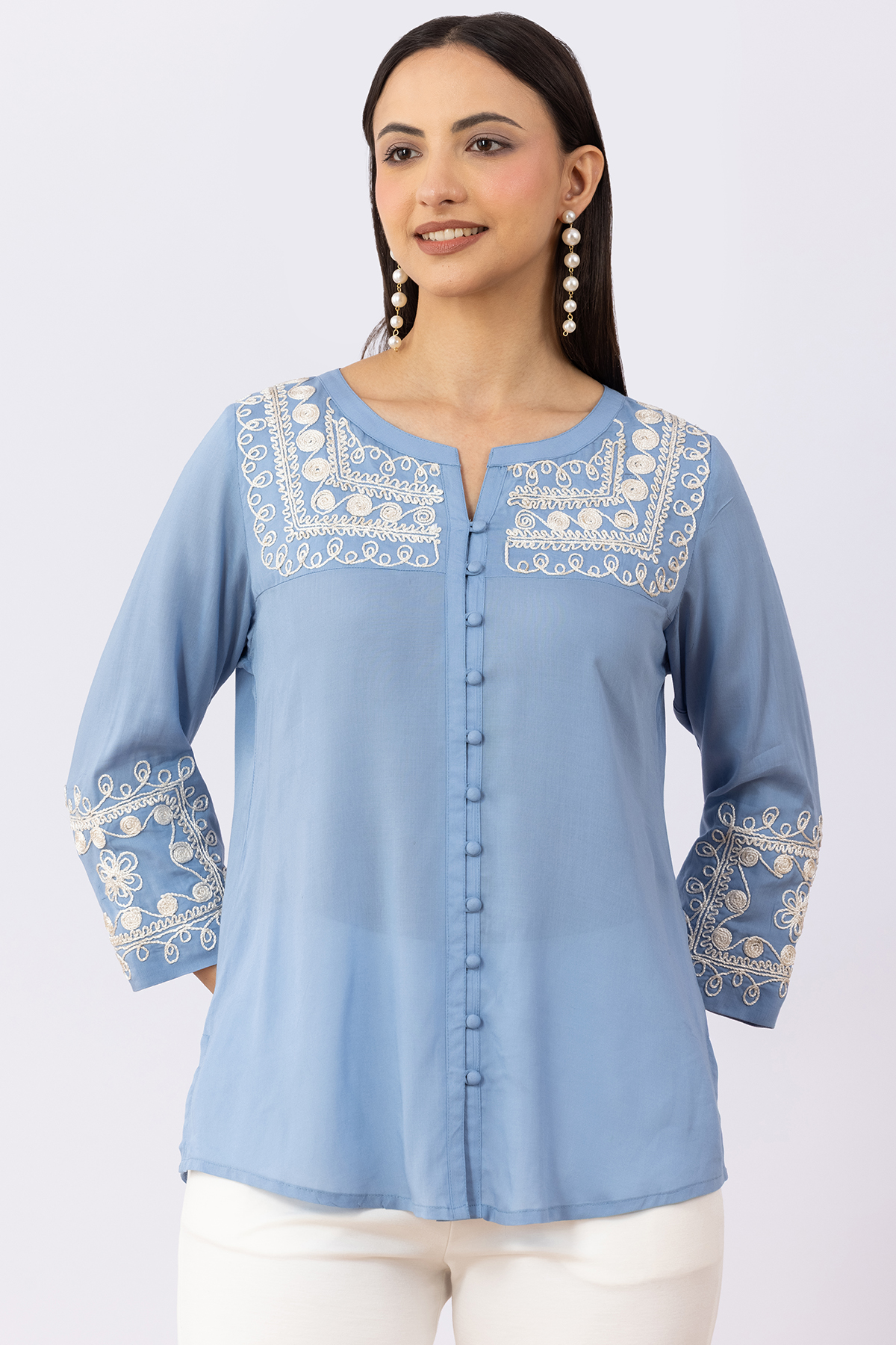 women embroidered shirt ice blue viscose modal round neck 3/4 sleeves regular fit