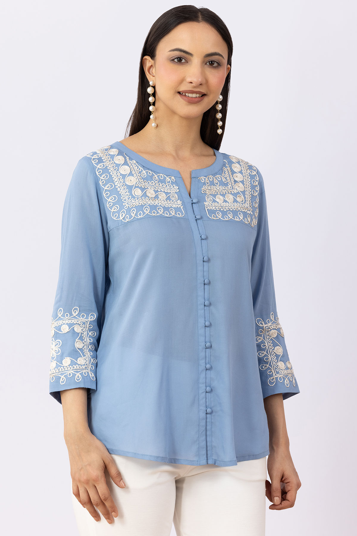 women embroidered shirt ice blue viscose modal round neck 3/4 sleeves regular fit